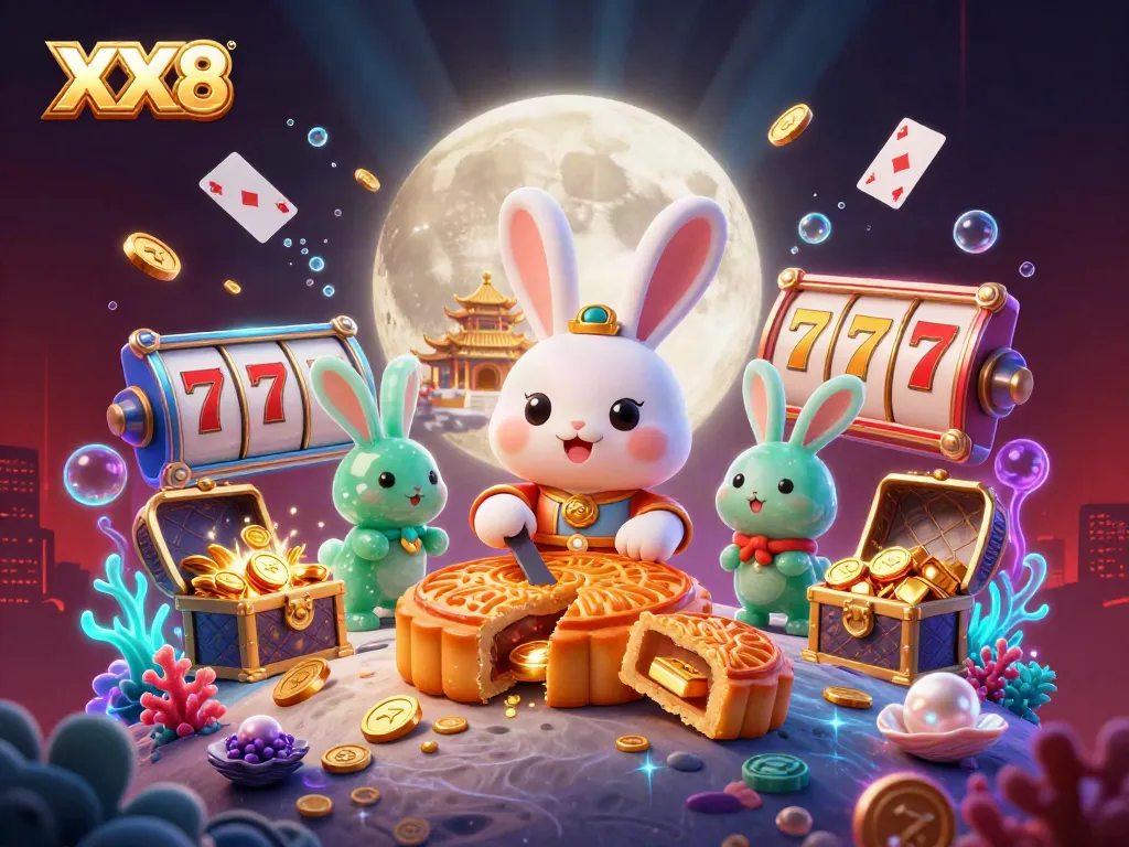 Engaging XX8 casino scene with a moon rabbit and jade companion surrounded by slot reels and vibrant decorations.