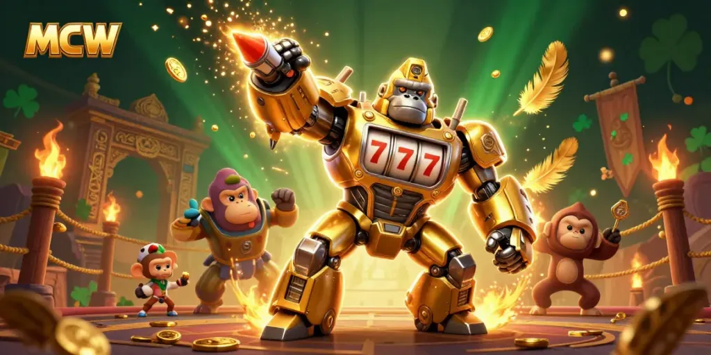 Experience thrilling gameplay with MCW's vibrant 3D casino illustration showcasing an epic golden gorilla mech.