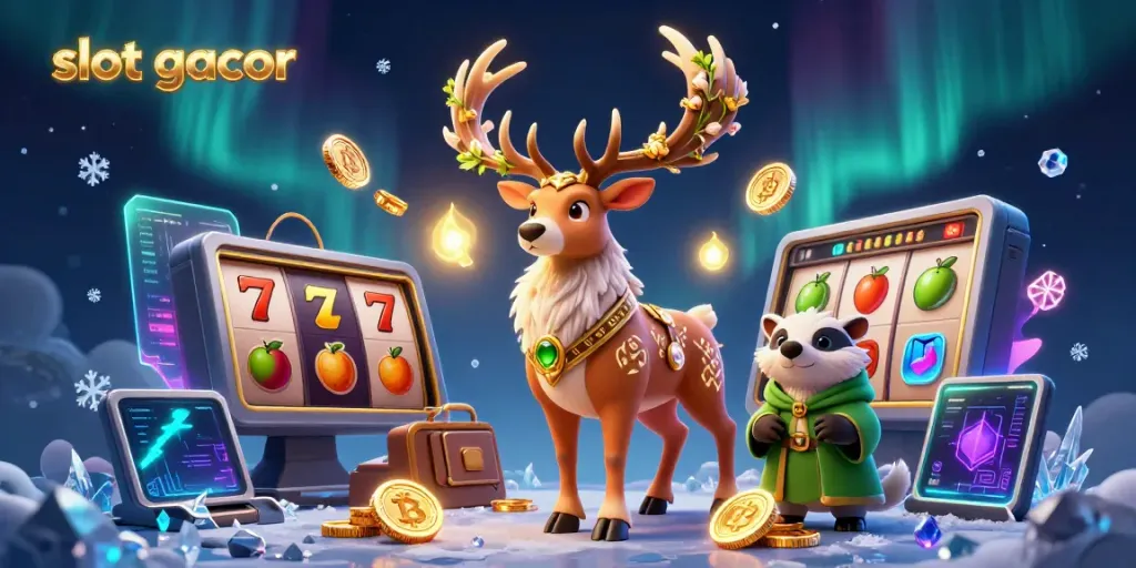 Menyaksikan slot gacor dengan doo stag kartun yang dikelilingi elemen slot dan simbol buah.
