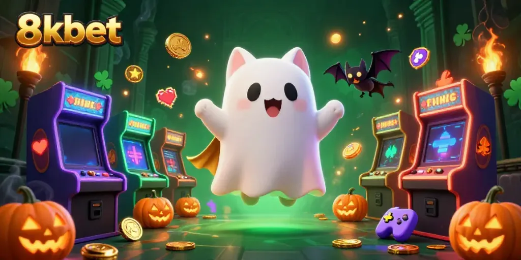 Engage with thrilling games at 8xbet, featuring a ghost cat and vibrant gambling elements in a haunted casino.