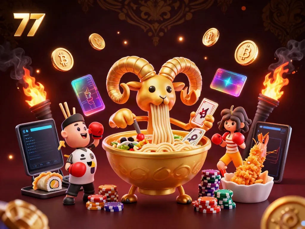 Experience thrilling gaming with 77, featuring a vibrant 3D casino scene of animated characters and digital assets.