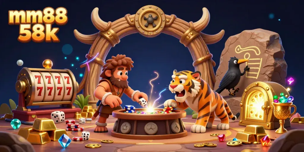 Experience the vibrant energy of mm88 58k in this detailed 3D casino illustration featuring playful characters and dynamic gambling elements.