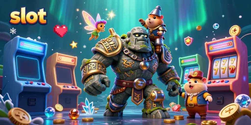 Engaging slot scene with golem guardian, fairy magic, and hamster knight among vibrant casinos.