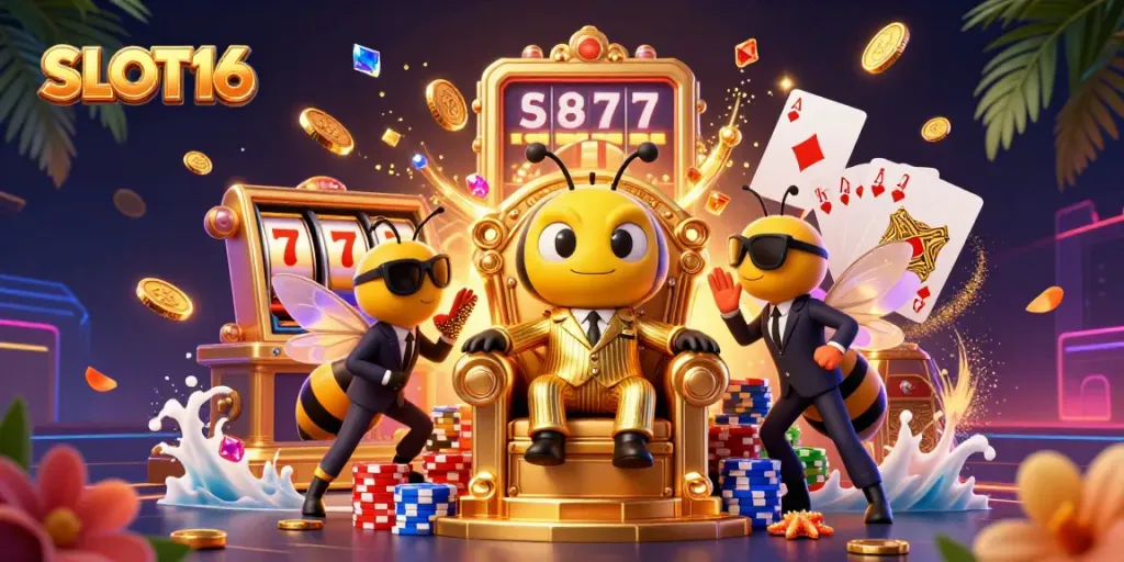 SLOT16 showcases a vibrant casino scene with a bumblebee mob boss, golden jackpots, and a butterfly informant.