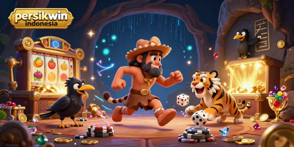 Permainan slot di kasino purba persikwin indonesia dengan karakter kartun 3D dan efek berkilau.