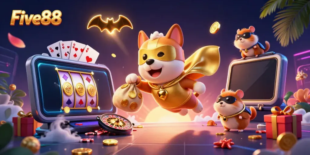 Experience thrilling gaming action with Five88's superhero dog and vibrant casino elements.