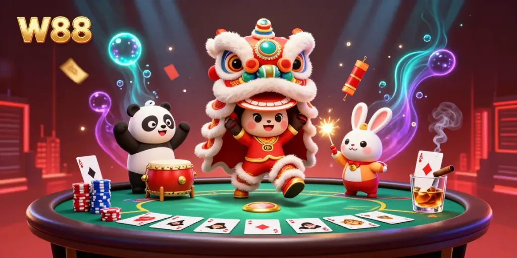 Experience the fun of W88 with a vibrant lion dance illustration celebrating casino excitement and joy.