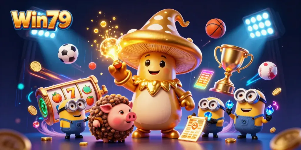 Win79 showcases a dynamic 3D illustration of a magical golden mushroom wizard surrounded by gaming elements.