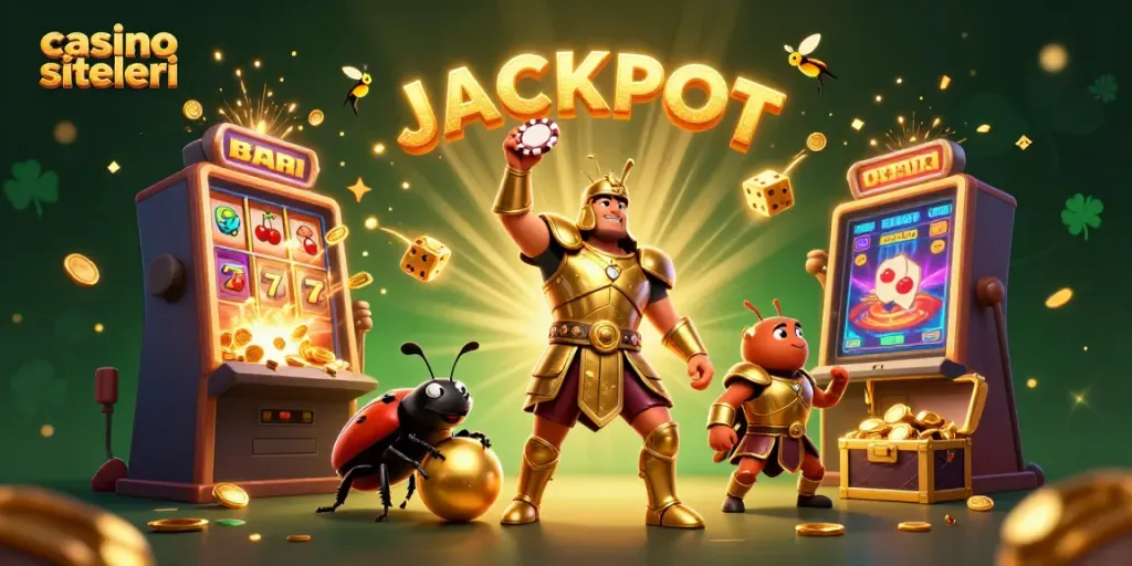 Casino siteleri keşfeden 3D tasarım, şans sembolleri ve jackpots ile dolu.