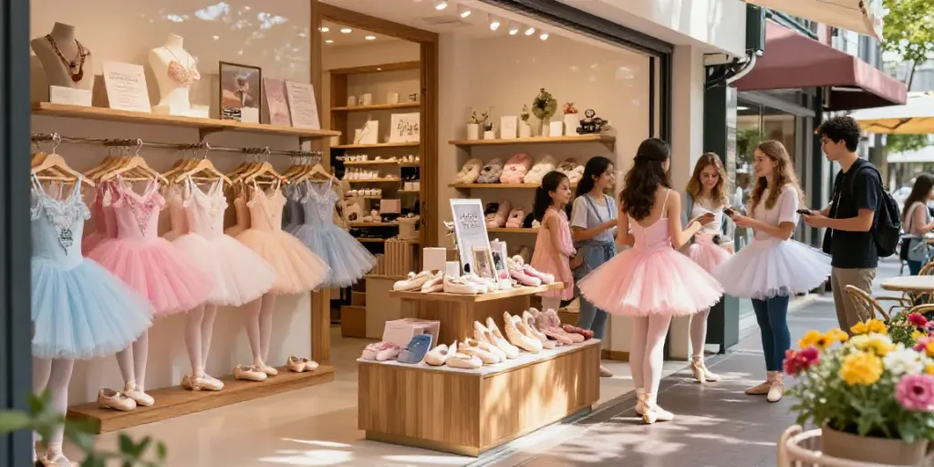 Tutu store showcasing a colorful array of tutus and dance accessories in an inviting boutique environment.