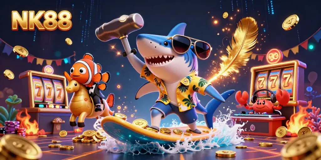 NK88 offers an exciting casino experience with a shark surfing on gold coins amidst vibrant gaming elements.