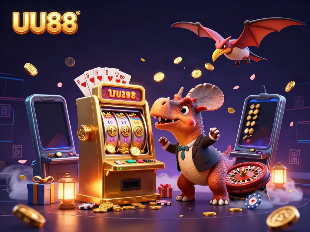 Experience the thrilling jackpot at UU88 with a dino-themed casino scene showing excitement and fun.