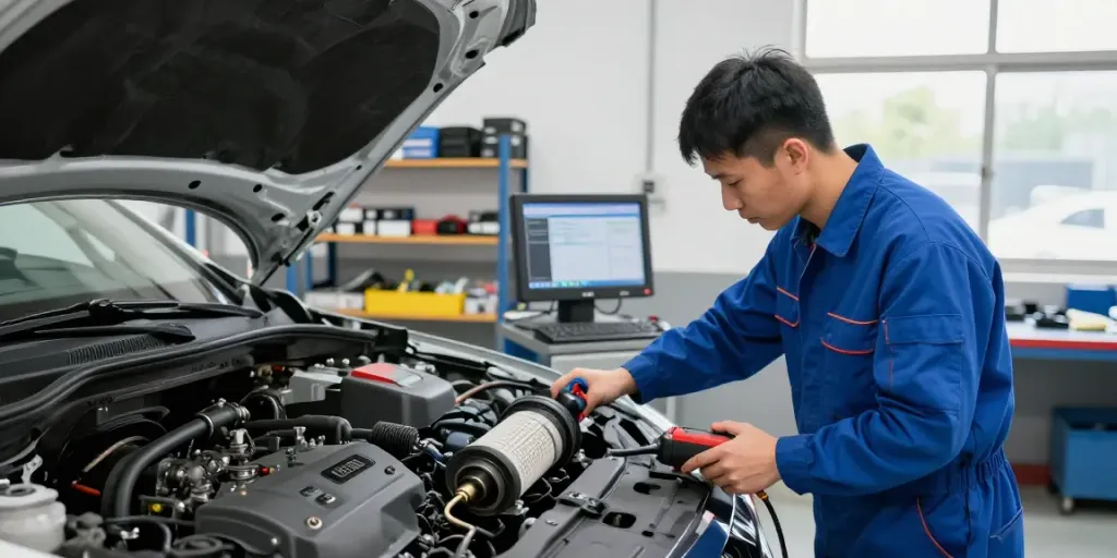 DPF reinigen in einer modernen Werkstatt mit Mechaniker, der das Filter überprüft.