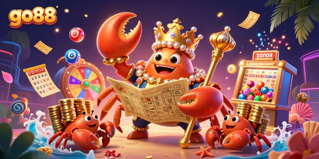 Experience thrilling gaming at go88 with a vibrant casino scene featuring a golden crab emperor.