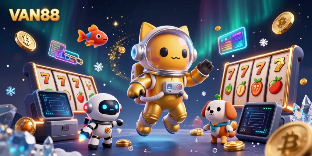 Spin and win with VAN88's vibrant slot game elements in a cosmic setting.