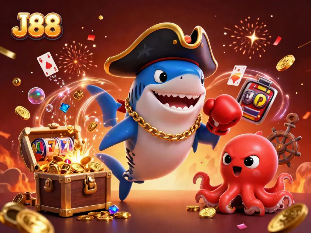 Engage with the thrilling J88 slot adventure featuring animated characters and casino elements.